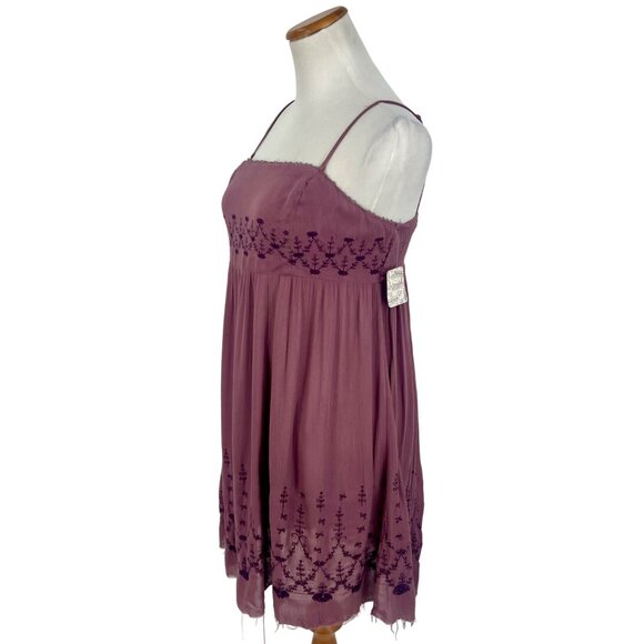 RARE NWT Free People Mauve Crinkly Crepe Embroidered Babydoll Mini Slip Dress - Picture 8 of 16